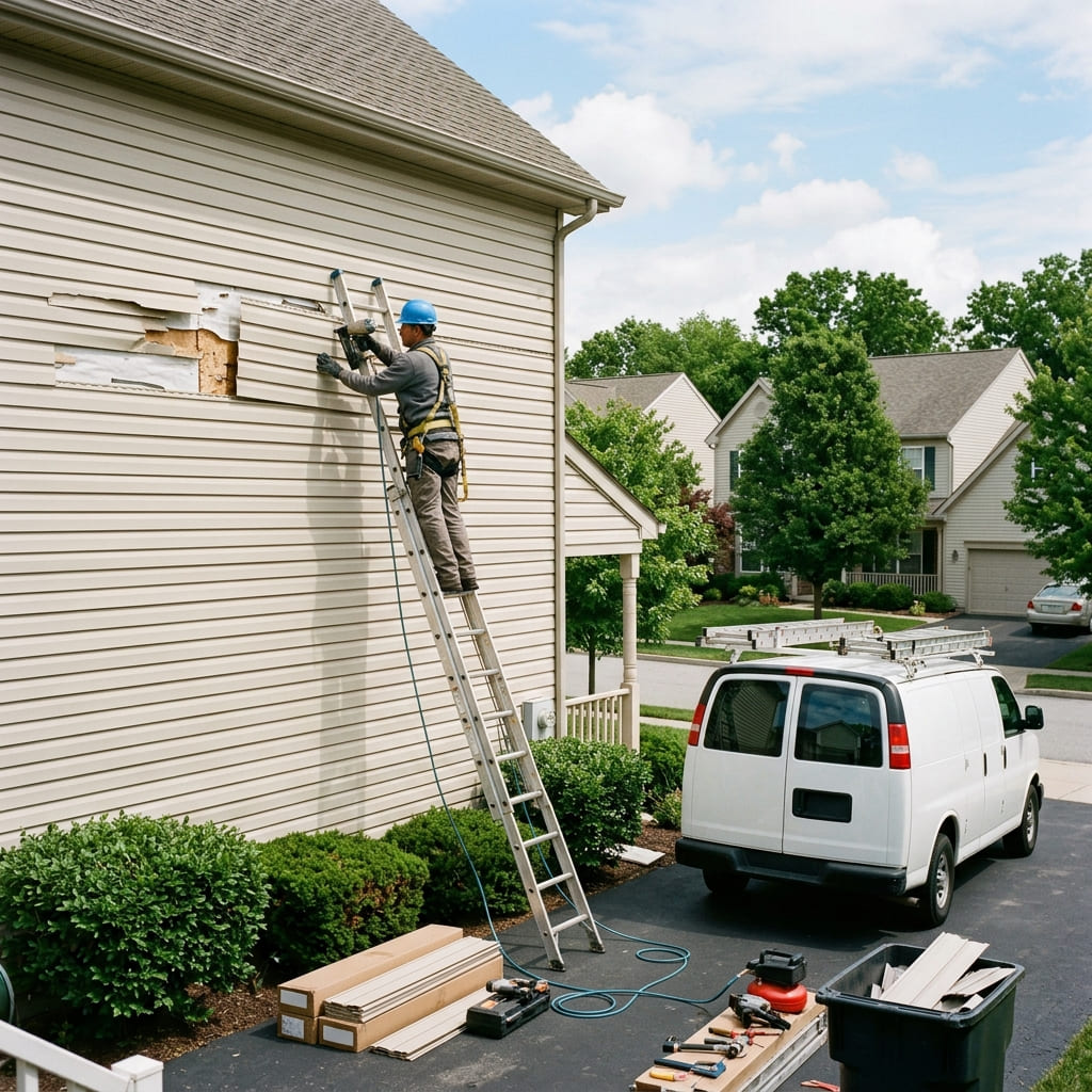Close-up of professional siding repair