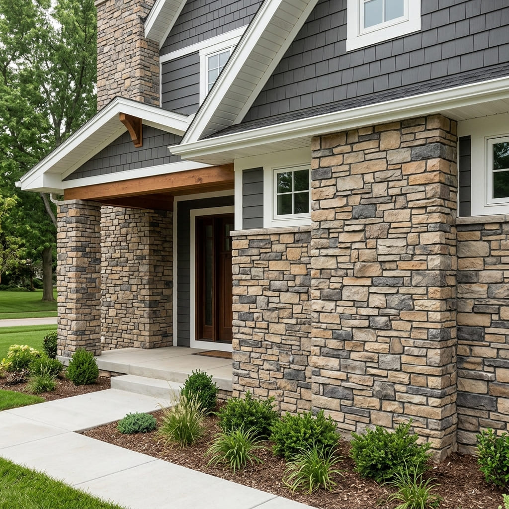 Stone veneer accent wall on a Kansas home